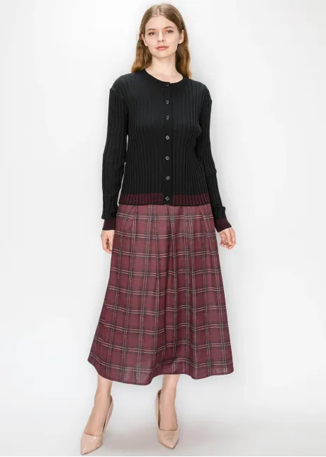 Black Crew Neck Cardigan with Wine Hem