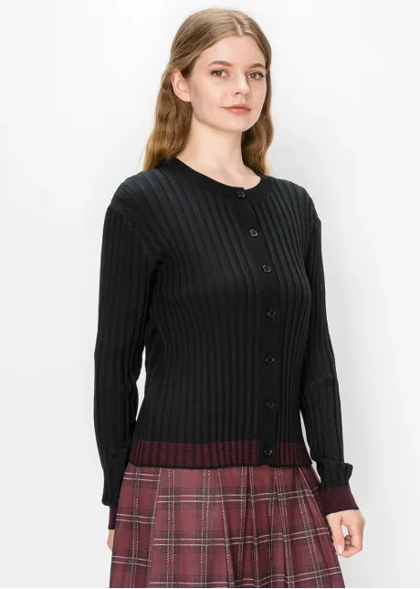 Black Crew Neck Cardigan with Wine Hem