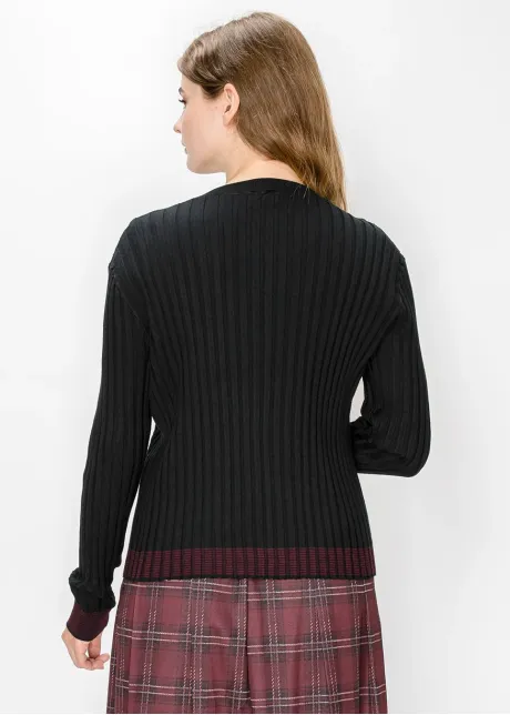 Black Crew Neck Cardigan with Wine Hem