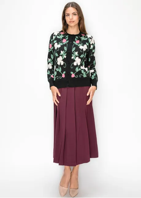 Button Front Floral Knit Cardigan in Black