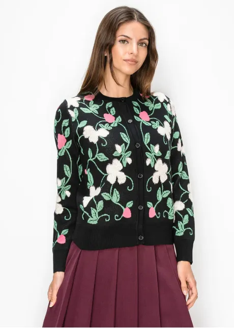 Button Front Floral Knit Cardigan in Black