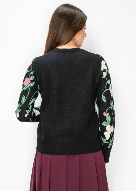 Button Front Floral Knit Cardigan in Black