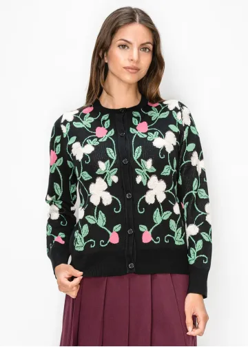 Button Front Floral Knit Cardigan in Black