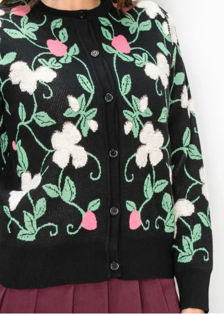 Button Front Floral Knit Cardigan in Black