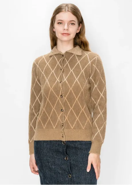 Camel Argyle Brushed Knit Cardigan