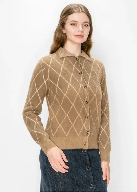 Camel Argyle Brushed Knit Cardigan