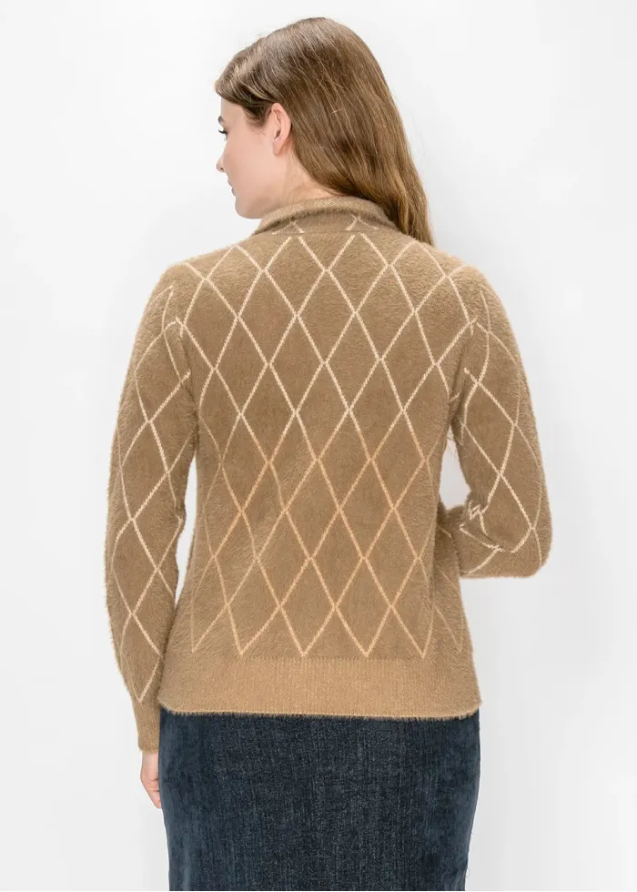Camel Argyle Brushed Knit Cardigan