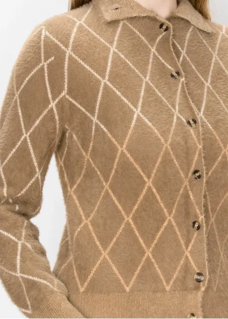 Camel Argyle Brushed Knit Cardigan