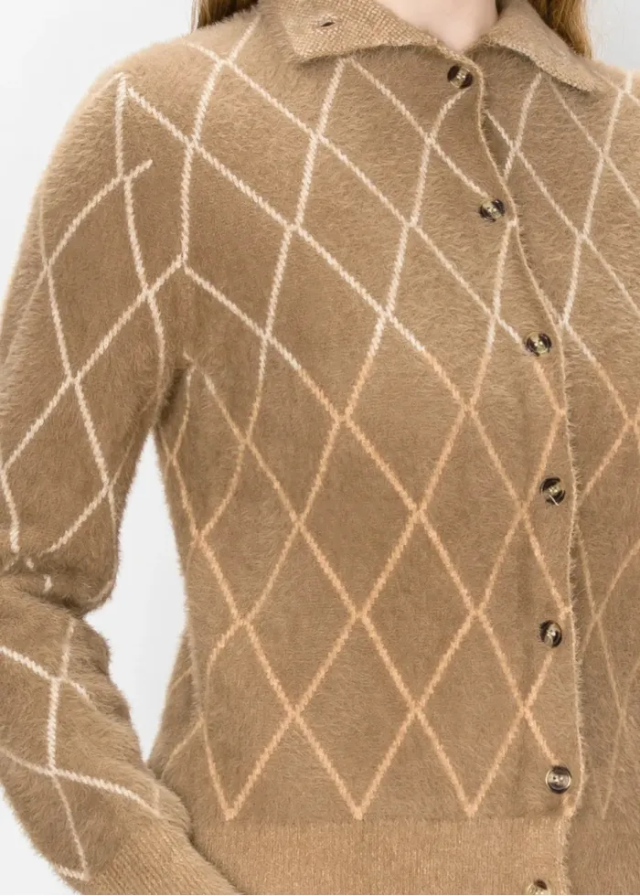 Camel Argyle Brushed Knit Cardigan