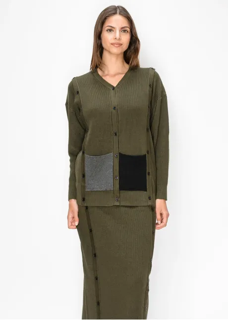 Olive Ribbed Knit Cardigan with Patch Pockets