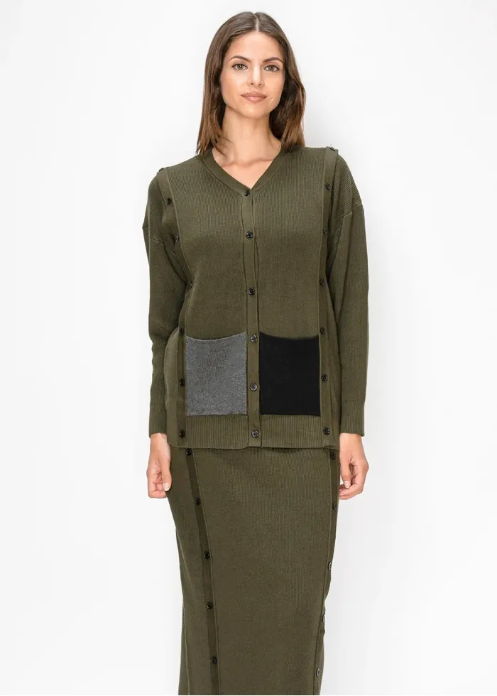 Olive Ribbed Knit Cardigan with Patch Pockets