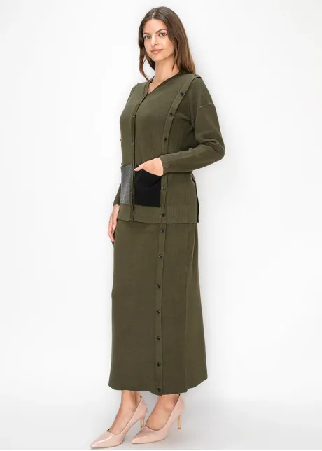 Olive Ribbed Knit Cardigan with Patch Pockets