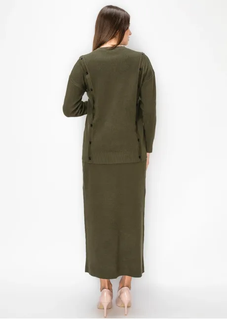 Olive Ribbed Knit Cardigan with Patch Pockets