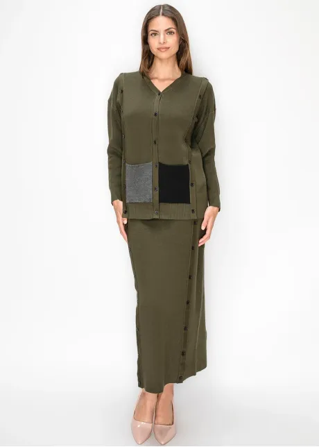 Olive Ribbed Knit Cardigan with Patch Pockets