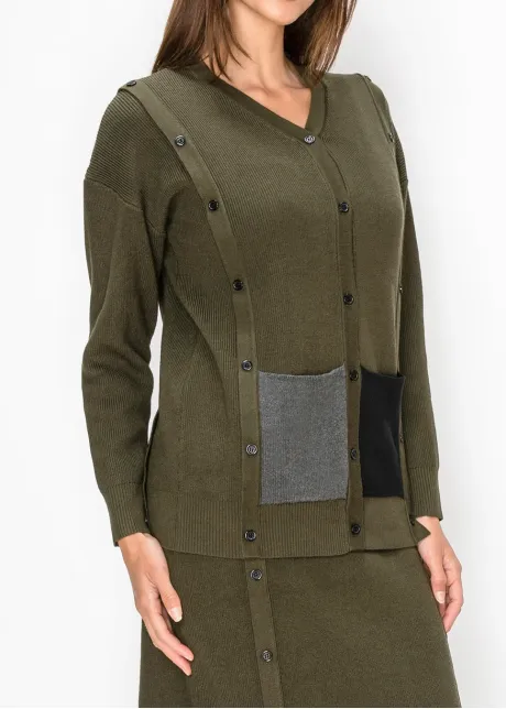 Olive Ribbed Knit Cardigan with Patch Pockets