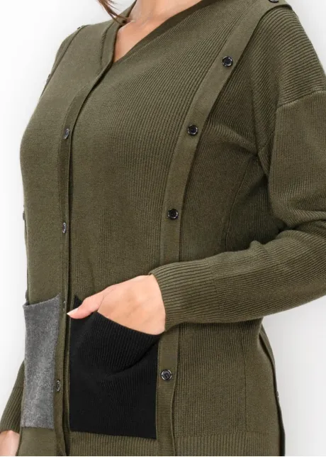 Olive Ribbed Knit Cardigan with Patch Pockets