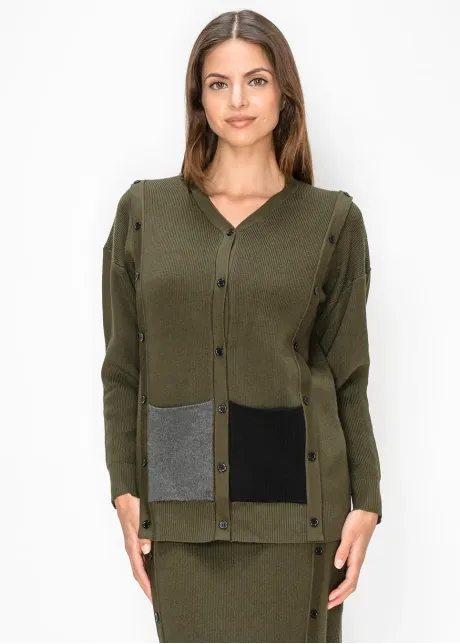 Olive Ribbed Knit Cardigan with Patch Pockets