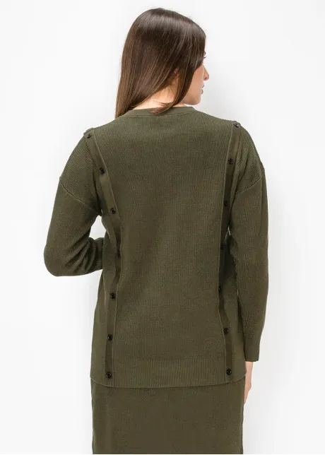 Olive Ribbed Knit Cardigan with Patch Pockets