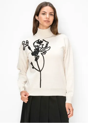 Cream Sweater with Black Floral Applique