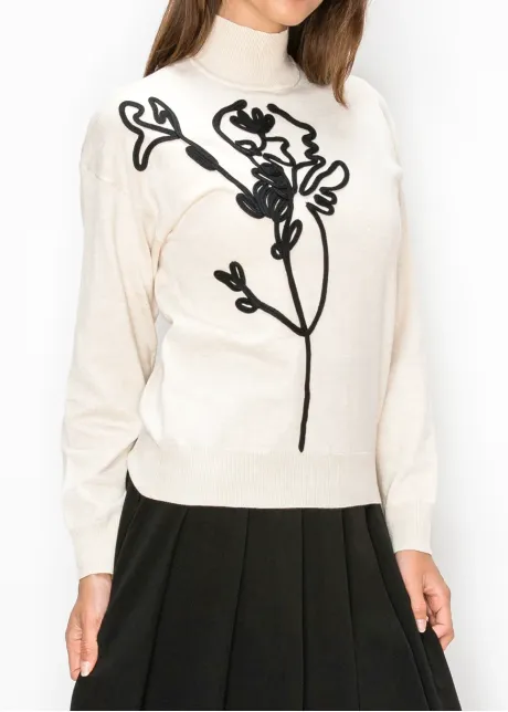 Cream Sweater with Black Floral Applique