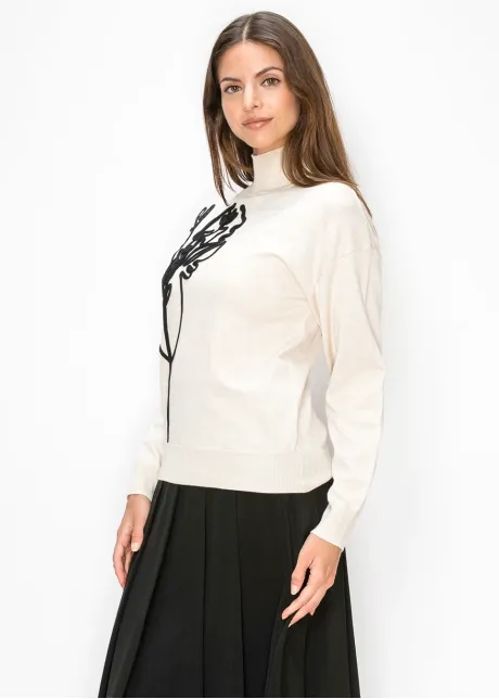 Cream Sweater with Black Floral Applique