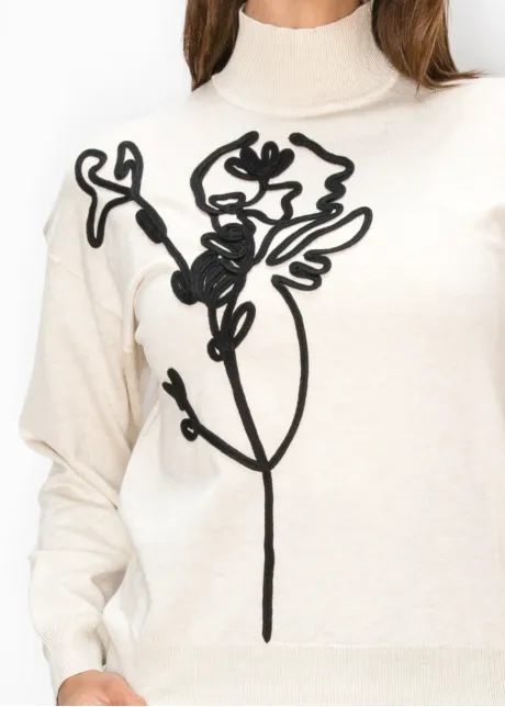 Cream Sweater with Black Floral Applique