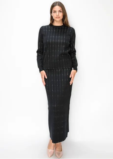 Ribbed Waist Textured Knit Skirt in Black