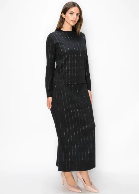 Ribbed Waist Textured Knit Skirt in Black
