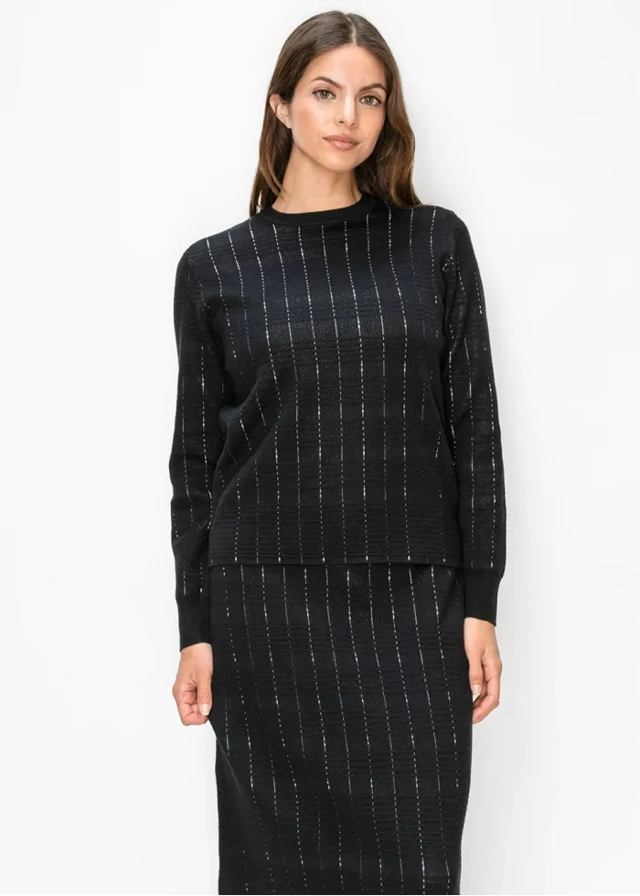Textured Grid Knit Pullover in Black