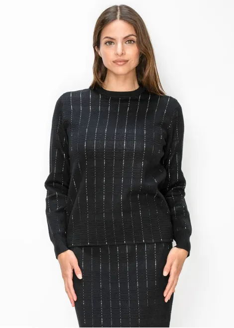 Textured Grid Knit Pullover in Black