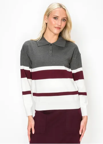Striped Polo Sweater in Grey and Burgundy
