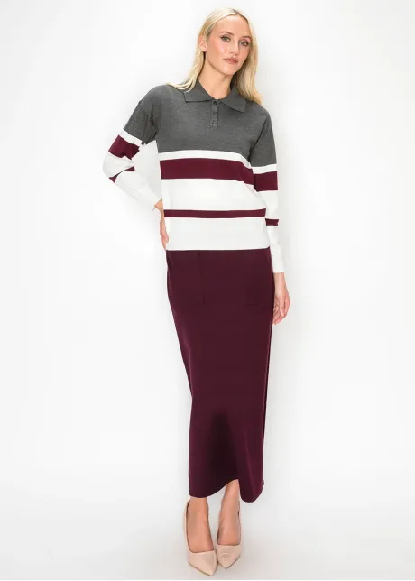 Striped Polo Sweater in Grey and Burgundy