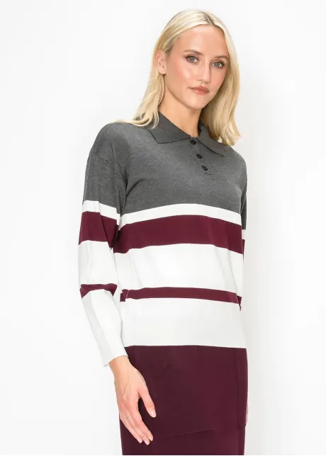 Striped Polo Sweater in Grey and Burgundy