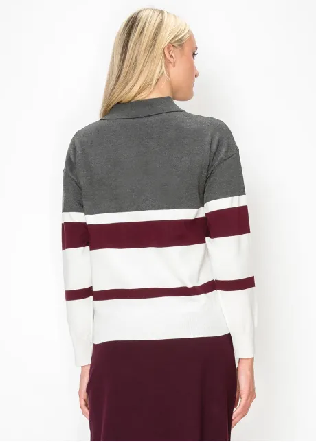 Striped Polo Sweater in Grey and Burgundy