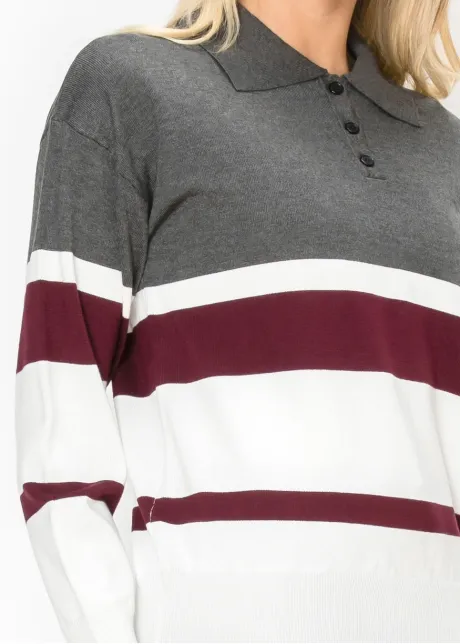 Striped Polo Sweater in Grey and Burgundy