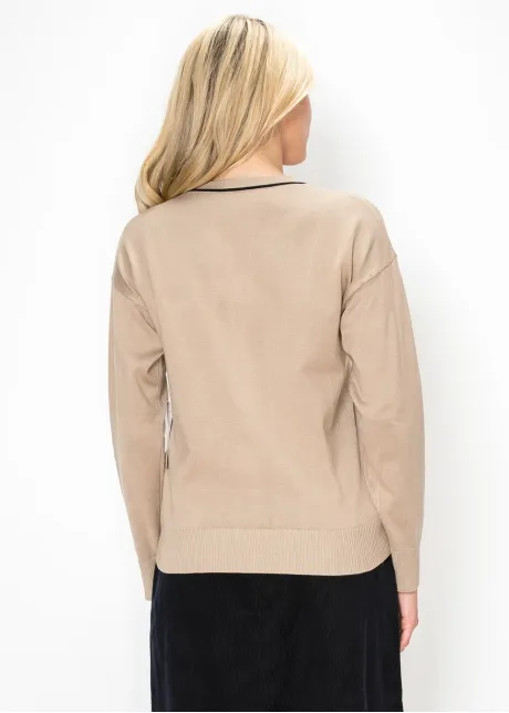 Beige Button Front Cardigan with Black Trim