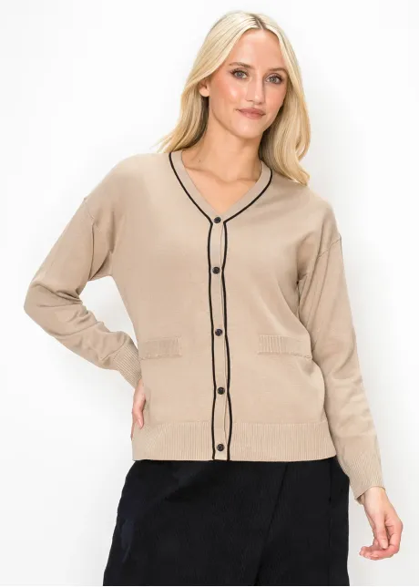 Beige Button Front Cardigan with Black Trim