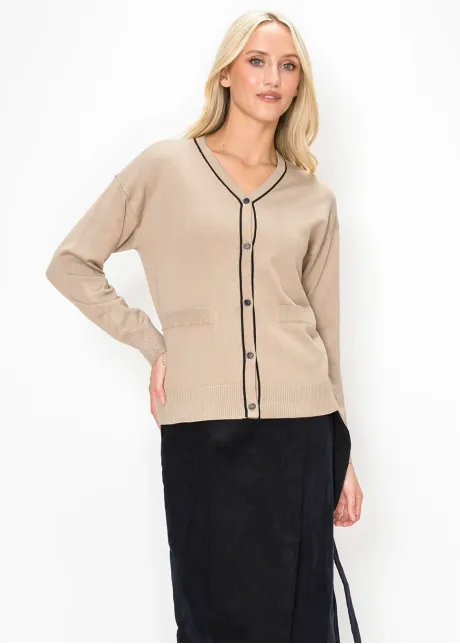 Beige Button Front Cardigan with Black Trim