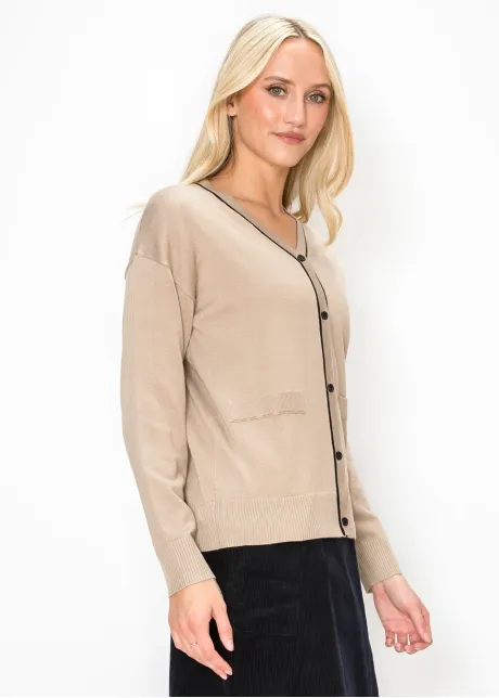 Beige Button Front Cardigan with Black Trim