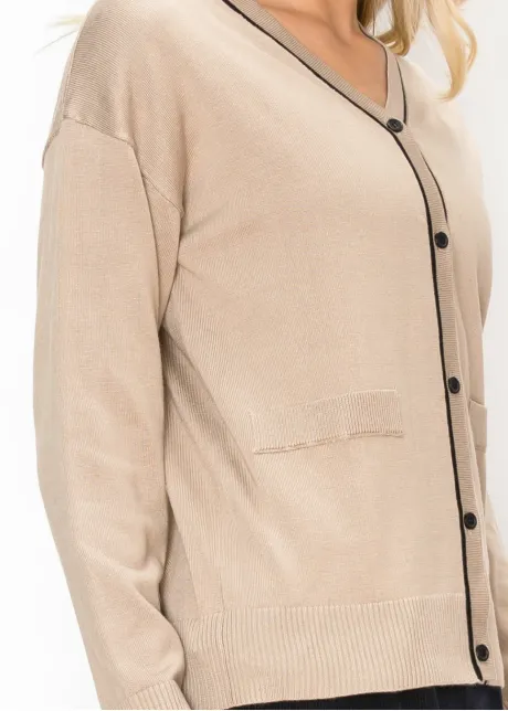 Beige Button Front Cardigan with Black Trim