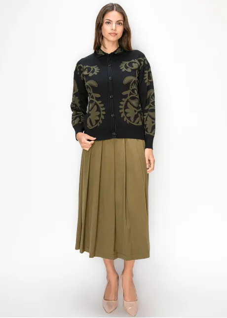 Black Cardigan with Olive Floral Motif