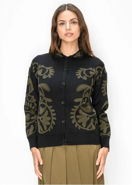 Black Cardigan with Olive Floral Motif