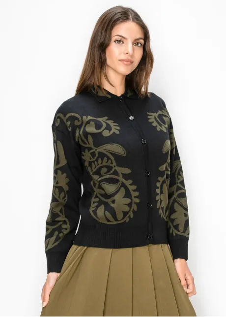 Black Cardigan with Olive Floral Motif