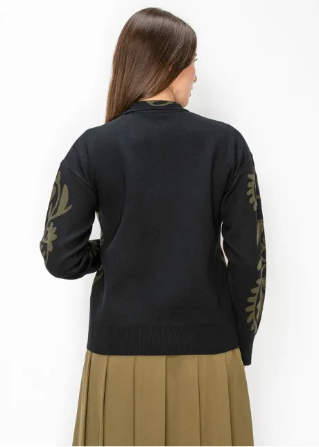 Black Cardigan with Olive Floral Motif