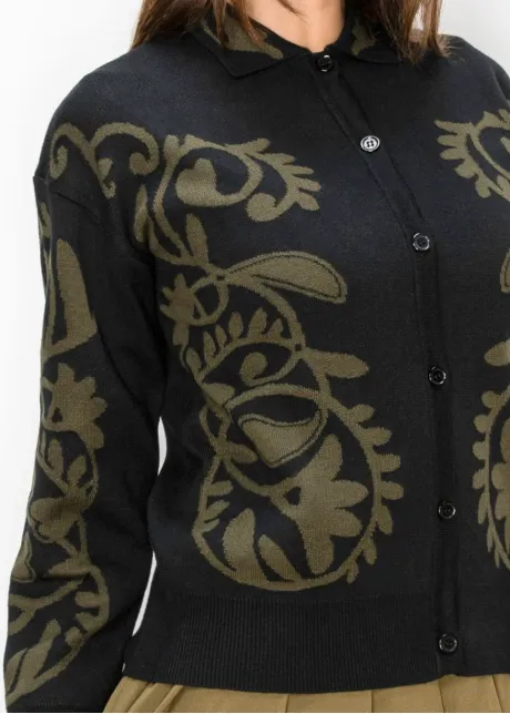 Black Cardigan with Olive Floral Motif