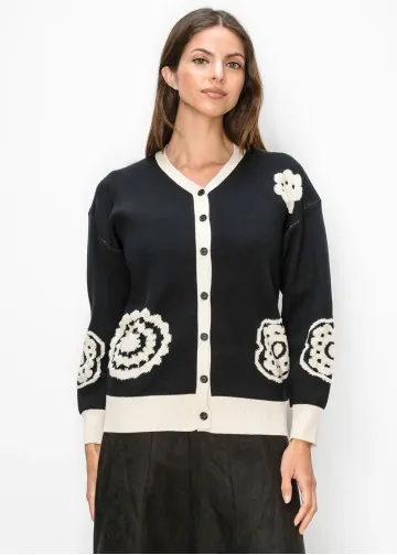 Black Cardigan with Cream Floral Motifs