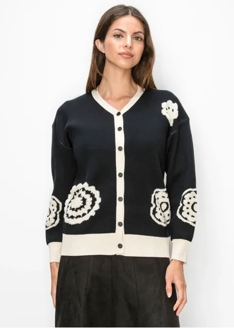 Black Cardigan with Cream Floral Motifs