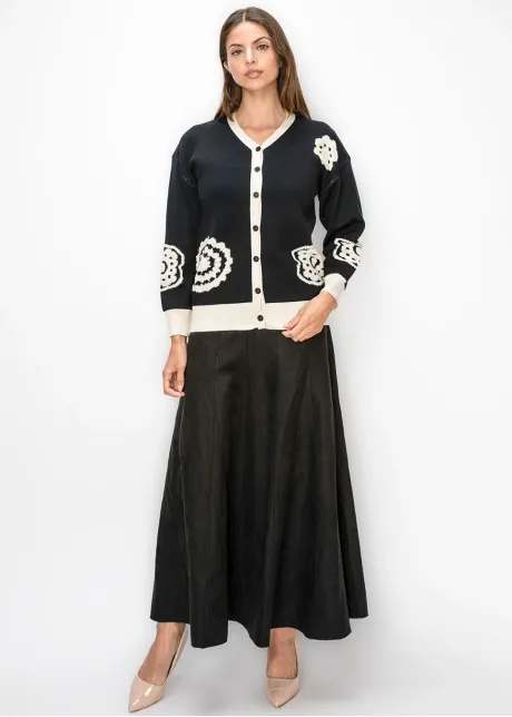 Black Cardigan with Cream Floral Motifs