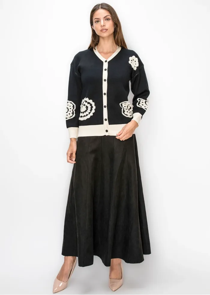 Black Cardigan with Cream Floral Motifs