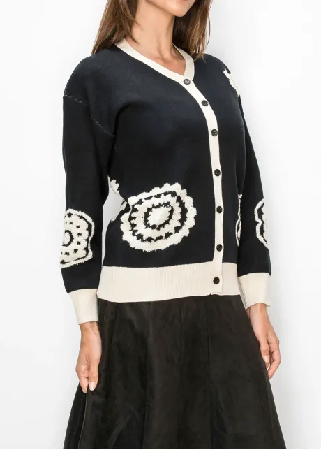 Black Cardigan with Cream Floral Motifs